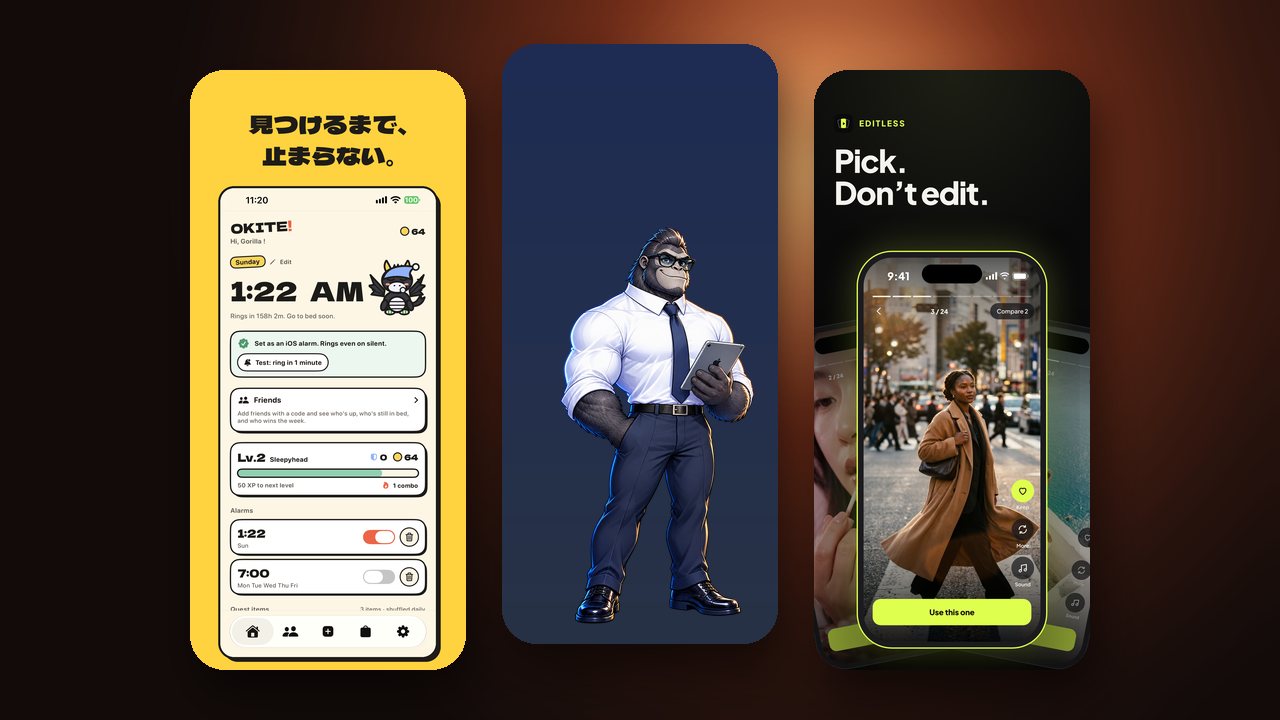 Our apps OKITE!, GORI GORI and Editless on phone screens